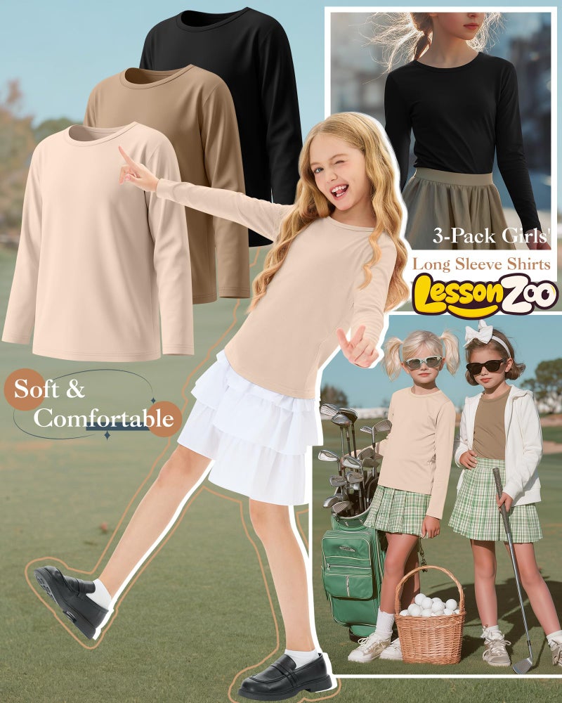 LessonZoo 3 Pack Girls' Long Sleeve Shirts Kids Soft Crew Neck T-Shirts Toddler Basic Loose Fit Layering Casual Tops 2T-14Y(Light Khaki, Khaki, Black,2-3t) - Image 4