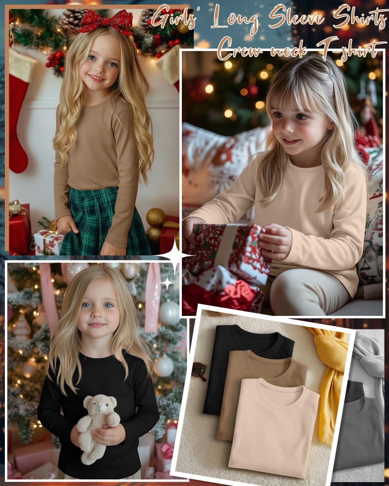 LessonZoo 3 Pack Girls' Long Sleeve Shirts Kids Soft Crew Neck T-Shirts Toddler Basic Loose Fit Layering Casual Tops 2T-14Y(Light Khaki, Khaki, Black,2-3t) - Image 2