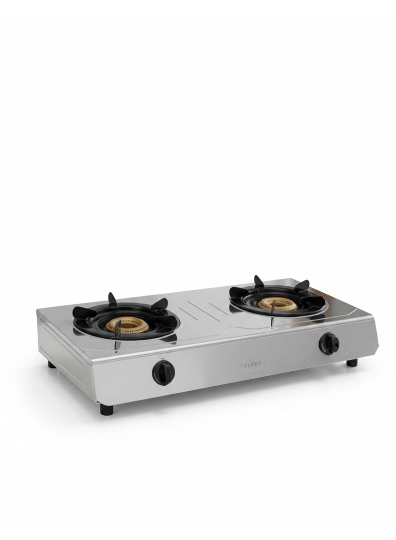 Flexy FGS2010SS - Stainless Steel Gas Stove Double Burner, Auto Ignition, Cast Iron Burners, Blue Flame, Low Gas Consumption, Electroplated Pan Support, LPG Compatible, 6.74kW Heat Output, 2 Years Warranty - Image 1