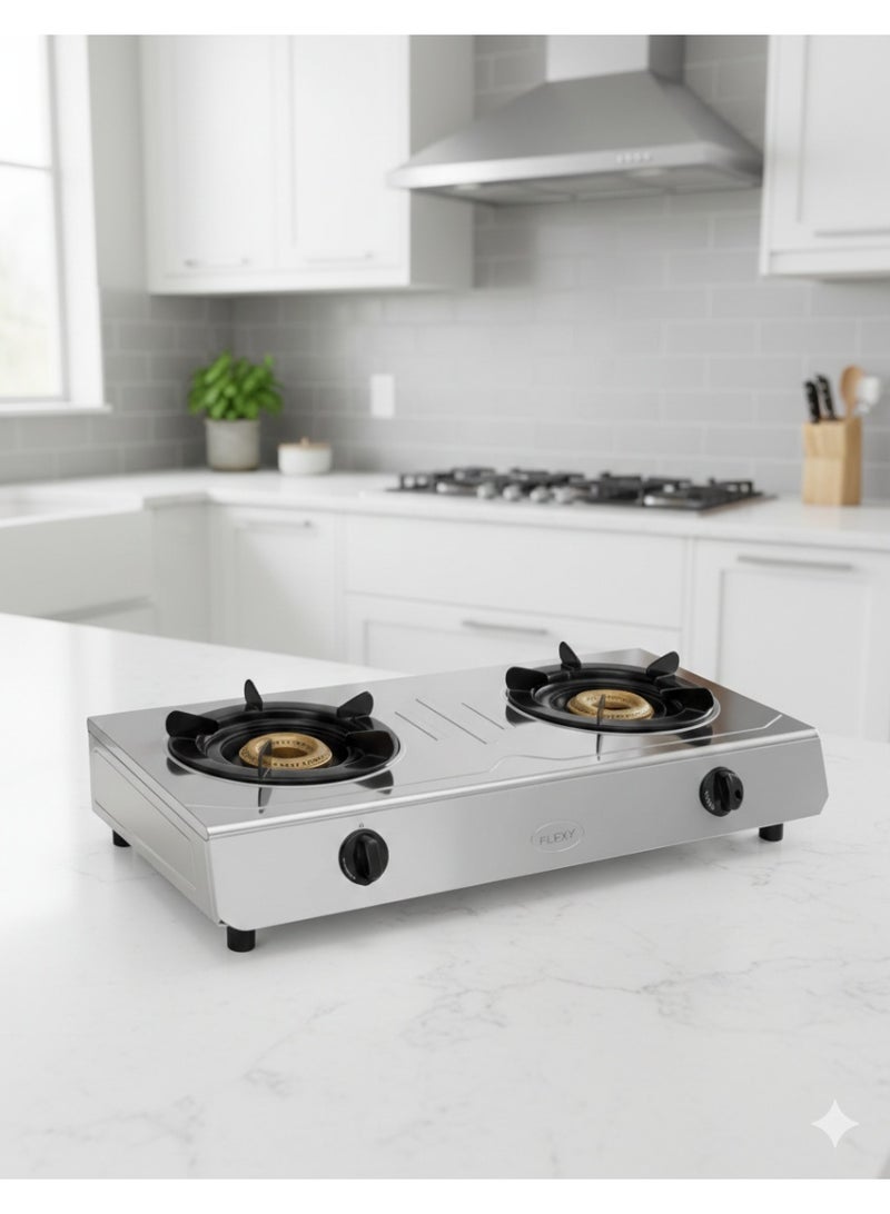 Flexy FGS2010SS - Stainless Steel Gas Stove Double Burner, Auto Ignition, Cast Iron Burners, Blue Flame, Low Gas Consumption, Electroplated Pan Support, LPG Compatible, 6.74kW Heat Output, 2 Years Warranty - Image 2