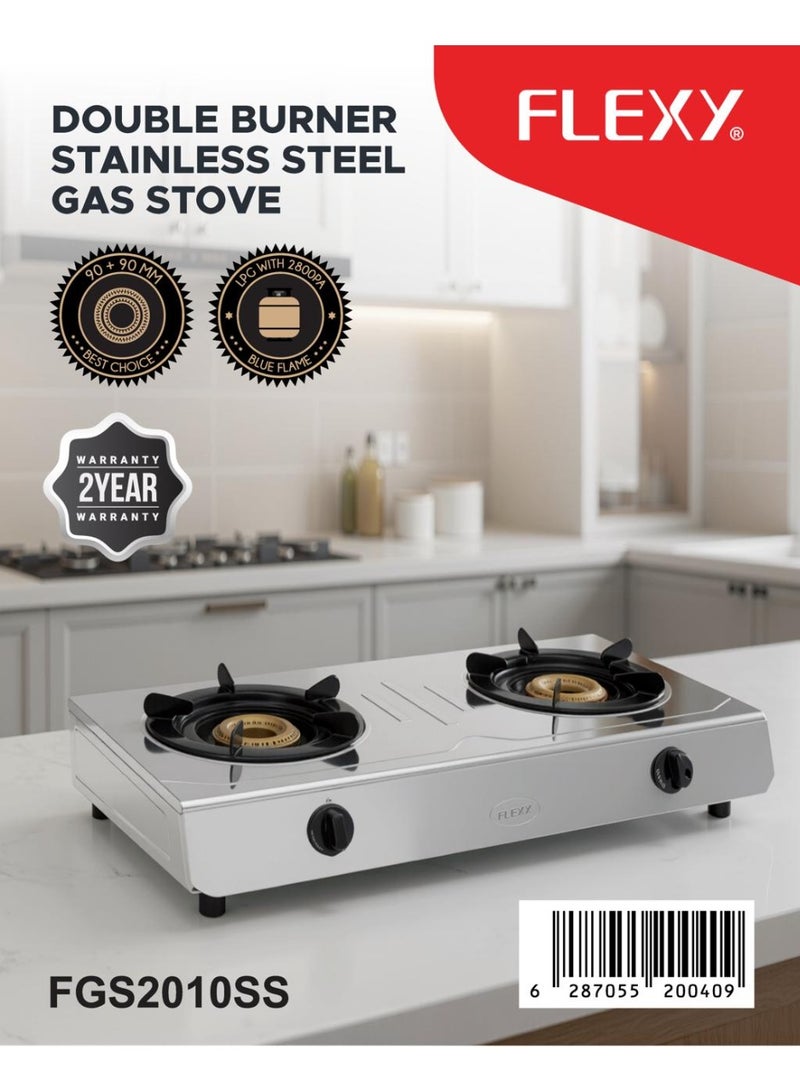 Flexy FGS2010SS - Stainless Steel Gas Stove Double Burner, Auto Ignition, Cast Iron Burners, Blue Flame, Low Gas Consumption, Electroplated Pan Support, LPG Compatible, 6.74kW Heat Output, 2 Years Warranty - Image 3