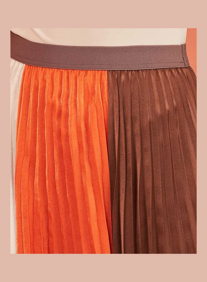 Styli Colorblock Pleated A-Line Midi Skirt