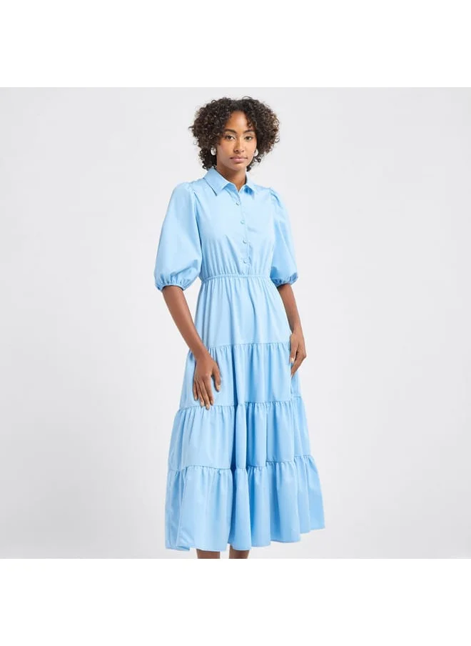 FAV Plain Tiered Shirt Dress with Puff Sleeves