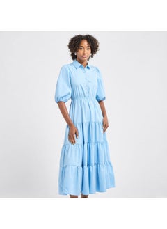 FAV Plain Tiered Shirt Dress with Puff Sleeves  - Image 1