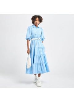 FAV Plain Tiered Shirt Dress with Puff Sleeves  - Image 2
