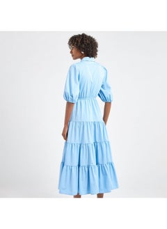 FAV Plain Tiered Shirt Dress with Puff Sleeves  - Image 3