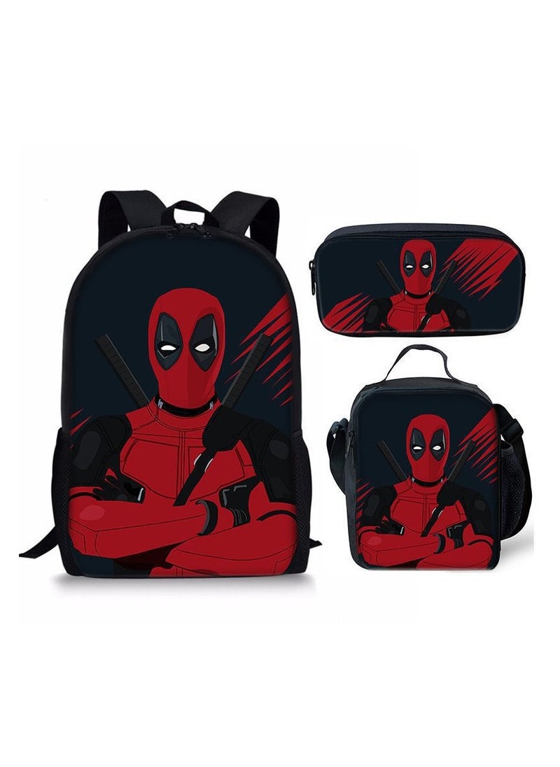 SKT Shiketro - New Deadpool Cartoon Student Schoolbag Children's Backpack Backpack 29*16*42CM+ Shoulder Bag 19*6*23CM+ Pen Bag 24*7*11CM Three-piece Set - Image 1