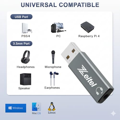 Zeitel® USB Sound Card USB to 3.5mm Jack Audio Adapter USB External Stereo Sound Adapter Converter for Laptop, PC, Compatible with PS5, PS4 Plug & Play - Image 4