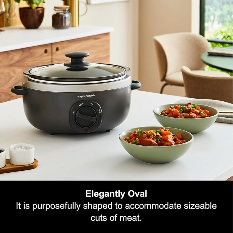 Morphy Richards 3.5L Sear & Stew Oval Slow Cooker, Dishwasher-Proof Non Stick Aluminium Pot, Cool Touch Handles, Glass Lid, Matte Finish, 163W, Titanium, 460022 - Image 4