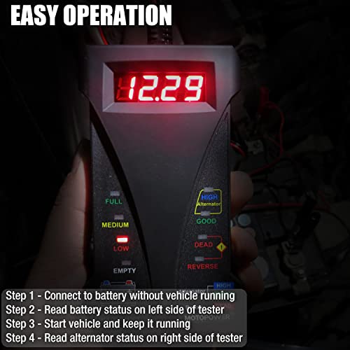 MOTOPOWER MP0514A 12V Digital Car Battery Tester Voltmeter and Charging System Analyzer with LCD Display and LED Indication - Black Rubber Paint - Image 4