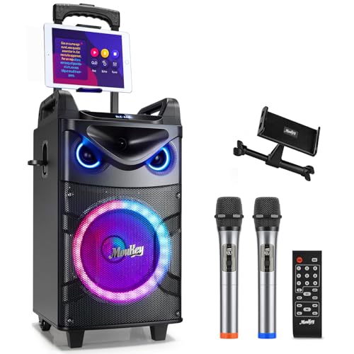Moukey Karaoke Machine, 10" Woofer Portable PA System, Bluetooth Speaker with 2 Wireless Microphones, Lyrics Display Tablet Holder, Party Lights & Echo/Treble/Bass Adjustment Support REC/AUX/USB/TF - Image 1