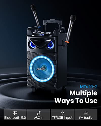 Moukey Karaoke Machine, 10" Woofer Portable PA System, Bluetooth Speaker with 2 Wireless Microphones, Lyrics Display Tablet Holder, Party Lights & Echo/Treble/Bass Adjustment Support REC/AUX/USB/TF - Image 3