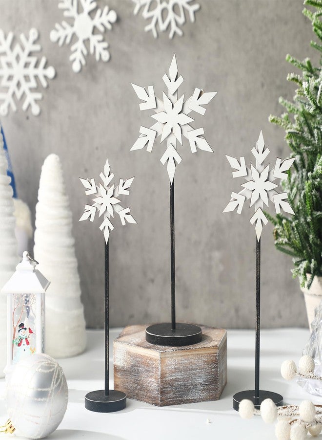 Soaoo 3 Pcs Christmas Snowflake Decorations Wooden Winter Snowflakes Table Centerpieces Tall Standing Christmas White Snow Wood Block Sign for Tabletop Shelf Mantel Home Xmas Tiered Tray Decor - Image 1