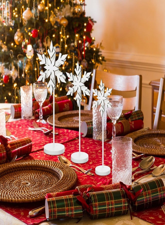 Soaoo 3 Pcs Christmas Snowflake Decorations Wooden Winter Snowflakes Table Centerpieces Tall Standing Christmas White Snow Wood Block Sign for Tabletop Shelf Mantel Home Xmas Tiered Tray Decor - Image 4