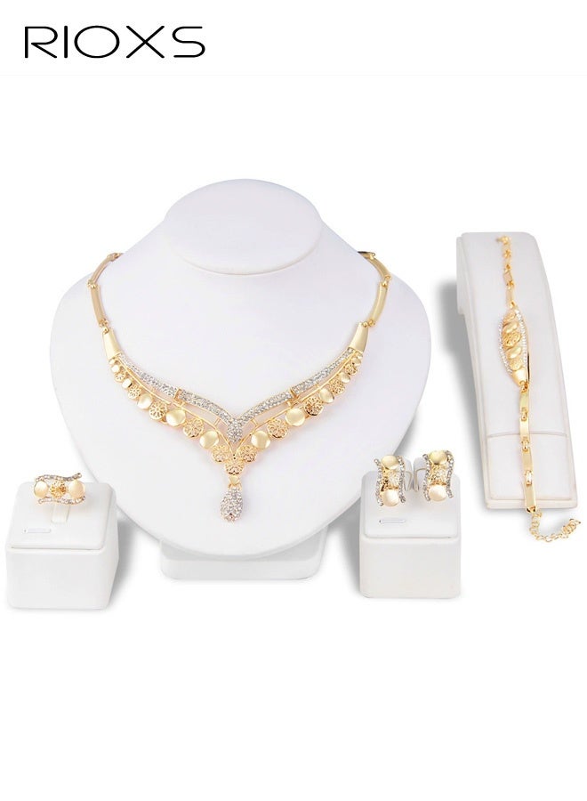 RIOXS Bride Jewelry Set, Gold Plated Crystal Wedding Necklace Earrings Ring and Bracelet Bridal Rhinestone Teardrop Pendant Accessories for Women and Bridesmaids (4 piece set - 2 earrings 1Ring 1 Bracelet and 1 necklace) - Image 1