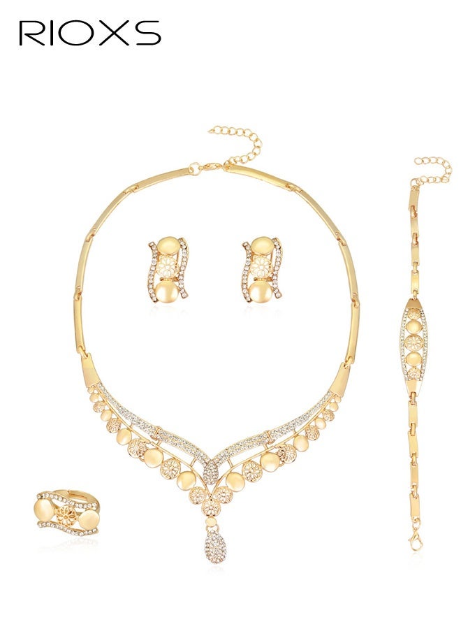 RIOXS Bride Jewelry Set, Gold Plated Crystal Wedding Necklace Earrings Ring and Bracelet Bridal Rhinestone Teardrop Pendant Accessories for Women and Bridesmaids (4 piece set - 2 earrings 1Ring 1 Bracelet and 1 necklace) - Image 4