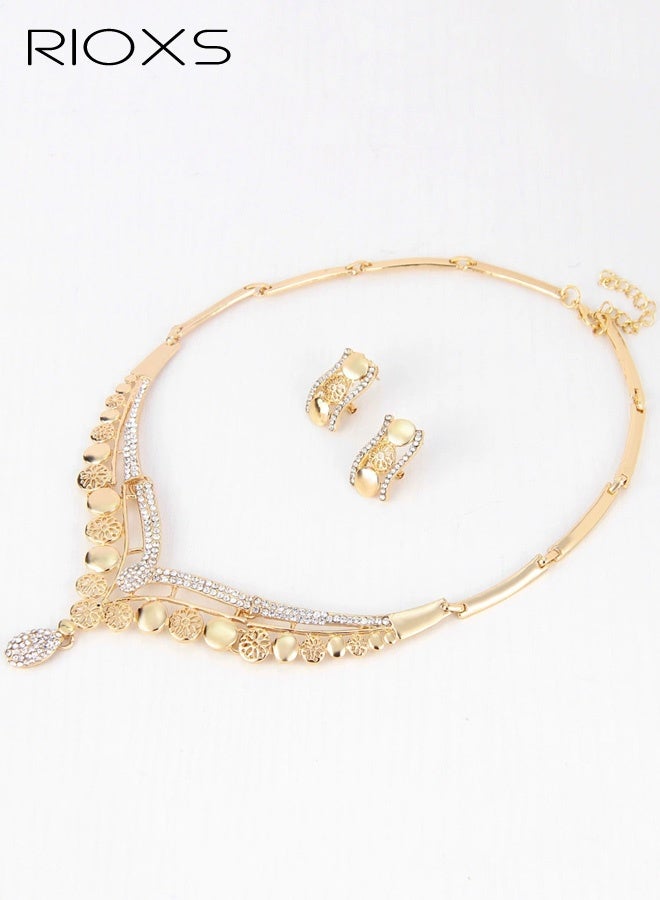 RIOXS Bride Jewelry Set, Gold Plated Crystal Wedding Necklace Earrings Ring and Bracelet Bridal Rhinestone Teardrop Pendant Accessories for Women and Bridesmaids (4 piece set - 2 earrings 1Ring 1 Bracelet and 1 necklace) - Image 2