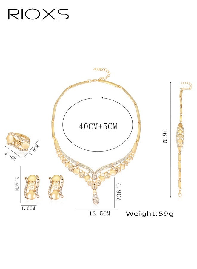 RIOXS Bride Jewelry Set, Gold Plated Crystal Wedding Necklace Earrings Ring and Bracelet Bridal Rhinestone Teardrop Pendant Accessories for Women and Bridesmaids (4 piece set - 2 earrings 1Ring 1 Bracelet and 1 necklace) - Image 5