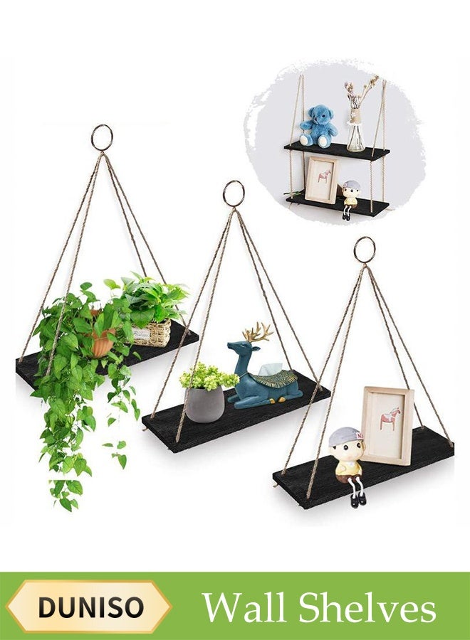 DUNISO 3-Piece Set, Wooden Wall Mounted Shelves, Bohemian Style Plant Hanging Rack, Triangle Floating Shelves, Rope Bookshelf For Bedroom Bathroom Living Room Balcony  - Image 1