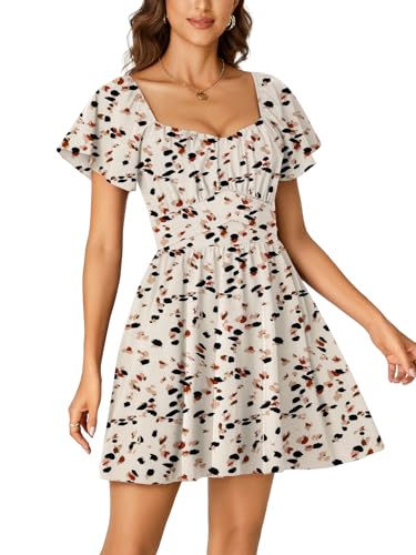 Rooscier Women's Tie Back Square Neck Ruffle Wrap Short Sleeve Flare Mini Dress Multicolor White Small - Image 4