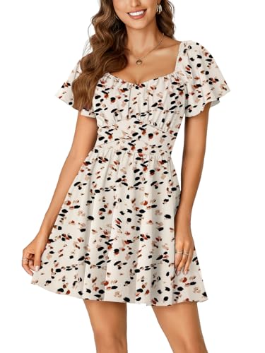 Rooscier Women's Tie Back Square Neck Ruffle Wrap Short Sleeve Flare Mini Dress Multicolor White Small - Image 2