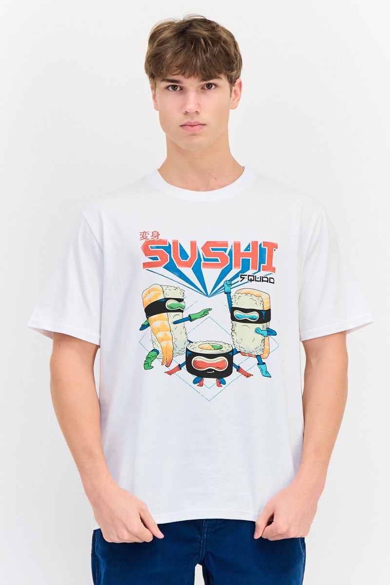 YOTO تي شيرت رجالي بأكمام قصيرة وياقة دائرية، مطبوع برسومات، أبيض - Image 1