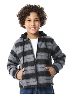 Andora Plaid Padded Hooded Boys Jacket _ Black & Grey  - Image 1