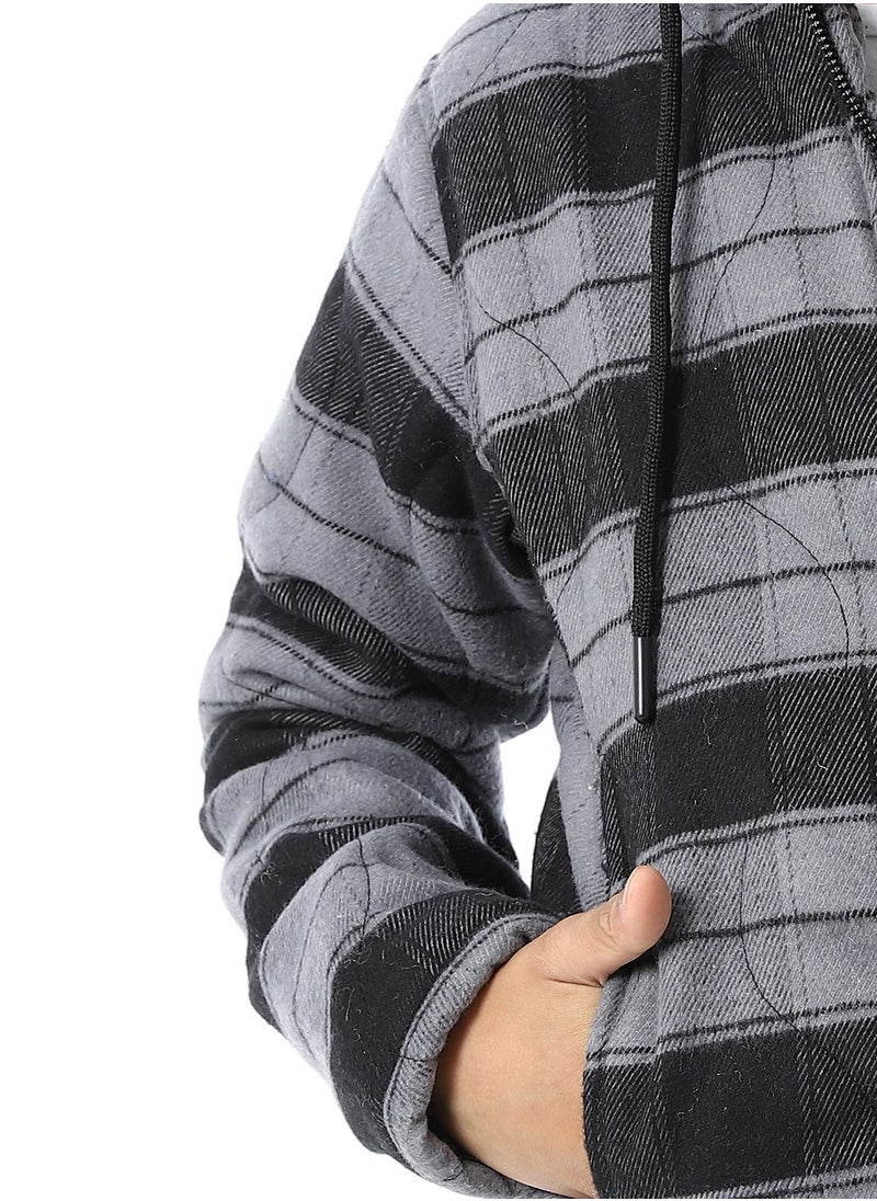Andora Plaid Padded Hooded Boys Jacket _ Black & Grey  - Image 4