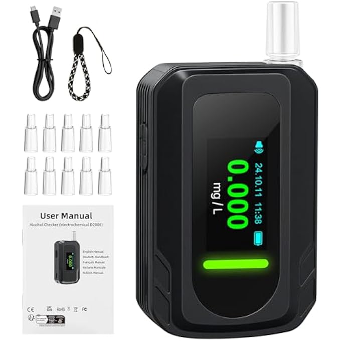 rayihni Electronic Breathalyser with Electrochemical Sensor and 1 Button Control, Breathalyzer with 10 Mouthpieces, Accurate Police Alcohol Test - Image 1