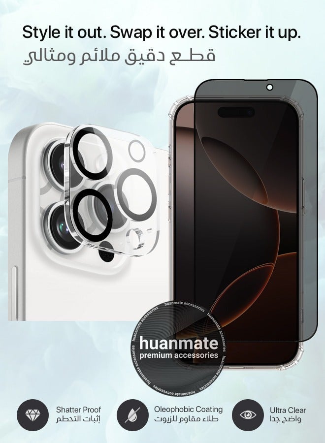 huanmate 3 in 1 Apple iPhone 16 Pro Max Protection Pack - Ultra Clear Shockproof Case, Anti-Peeping Privacy Glass Screen Protector & Camera Lens Protector, 360’ Protection, Easy Installation - Image 3