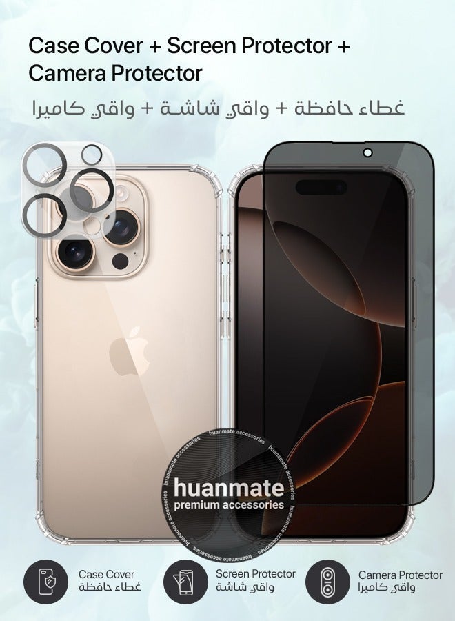 huanmate 3 in 1 Apple iPhone 16 Pro Max Protection Pack - Ultra Clear Shockproof Case, Anti-Peeping Privacy Glass Screen Protector & Camera Lens Protector, 360’ Protection, Easy Installation - Image 2