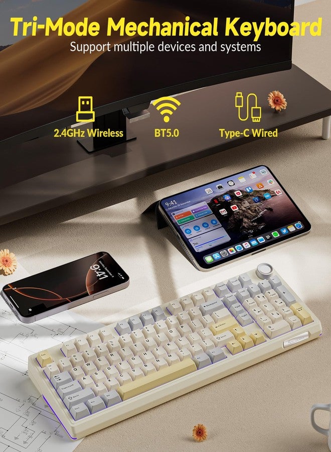 SOLAKAKA KI99 Pro 96% Wireless Mechanical Gaming Keyboard, Creamy Keyboard with Number Pad, Hot-Swappable Pre-Lubed Switches, Gasket Structure RGB Keyboards for Gamer/PC/Laptop(Beige White) - Image 3