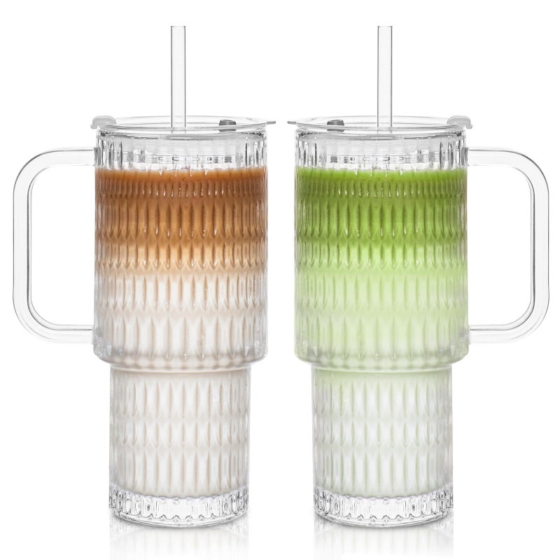 INSETLAN 26oz Raindrop Glass Tumbler with Handle and Lid, Set of 2 â€“ Reusable Iced Coffee Cups with Lids, Clear Glass Cups with Straw for Coffee, Smoothies, Tea, Juice â€“ Perfect for any Occasion - Image 1