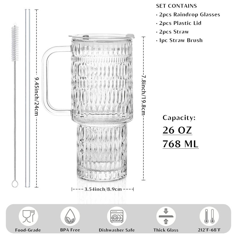 INSETLAN 26oz Raindrop Glass Tumbler with Handle and Lid, Set of 2 â€“ Reusable Iced Coffee Cups with Lids, Clear Glass Cups with Straw for Coffee, Smoothies, Tea, Juice â€“ Perfect for any Occasion - Image 2