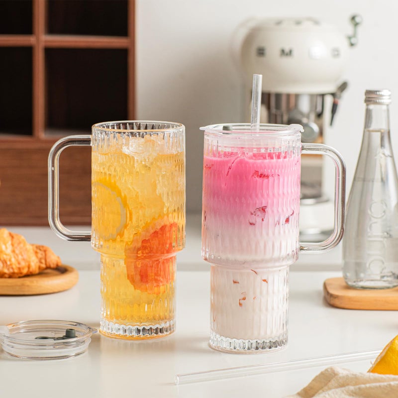 INSETLAN 26oz Raindrop Glass Tumbler with Handle and Lid, Set of 2 â€“ Reusable Iced Coffee Cups with Lids, Clear Glass Cups with Straw for Coffee, Smoothies, Tea, Juice â€“ Perfect for any Occasion - Image 3
