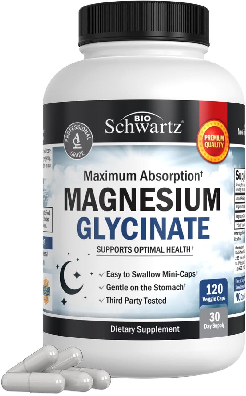 Magnesium Glycinate 500mg Capsules 120 Mini Caps Maximum Absorption Magnesium Supplement for Nerves Muscles Heart Mood and Sleep Support Vegan Safe with No Gluten Soy or GMOs by BioSchwartz