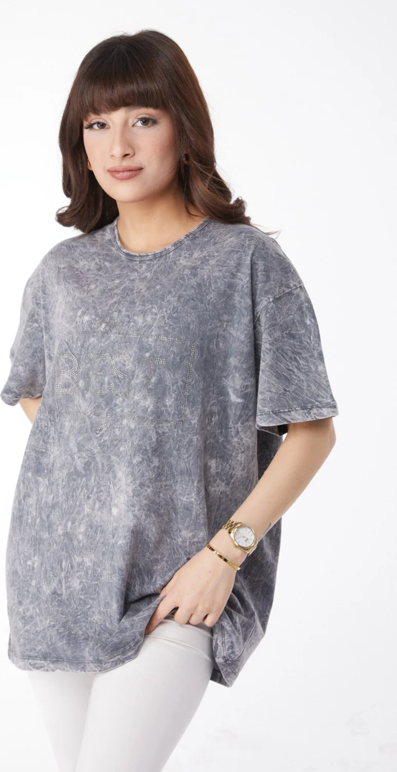 Tofisa Plain Crew Neck Women's Gray Stone Detailed T-Shirt - 25165