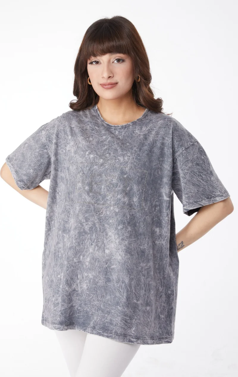 Tofisa Plain Crew Neck Women's Gray Stone Detailed T-Shirt - 25165