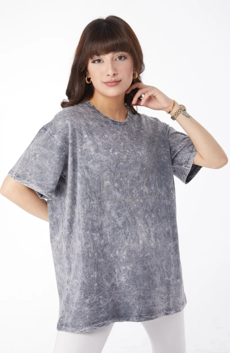 Tofisa Plain Crew Neck Women's Gray Stone Detailed T-Shirt - 25165