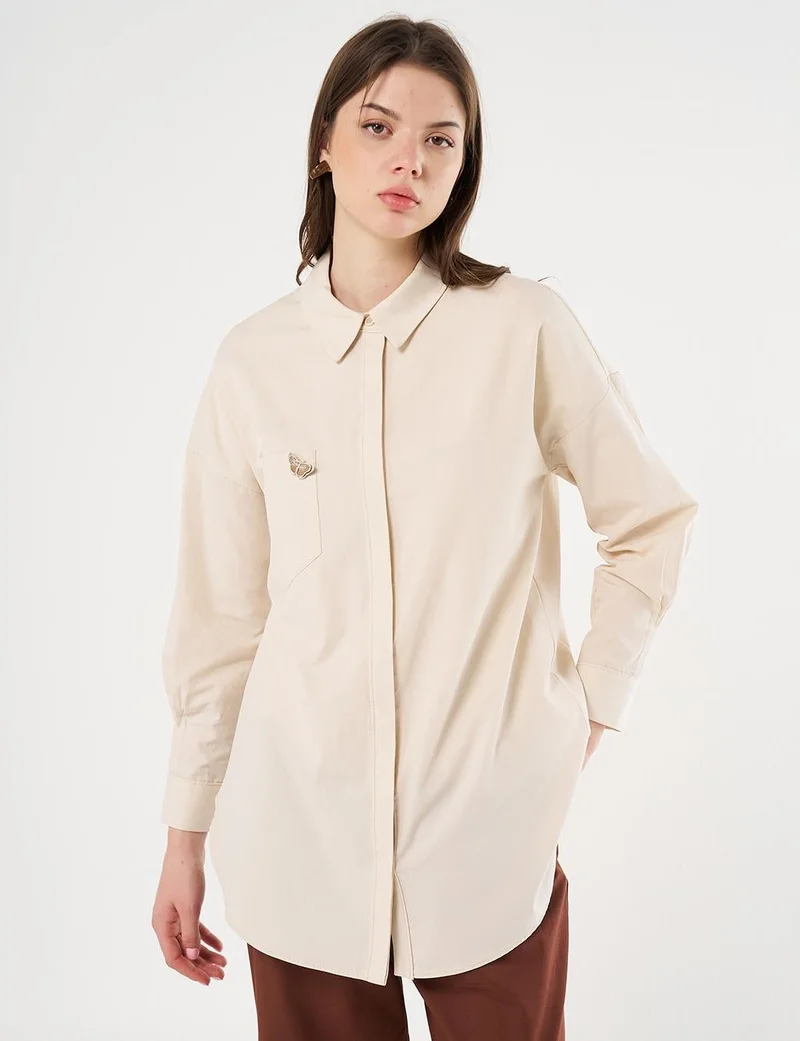 Kayra Butterfly Motif Cotton Tunic Cream