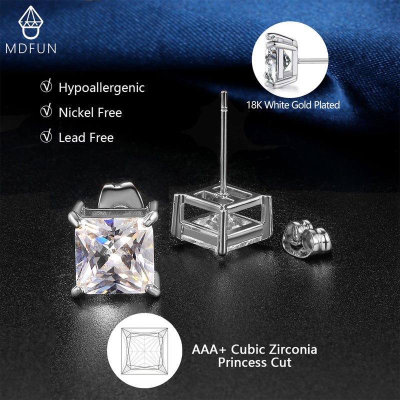 MDFUN 18K White Gold Plated Princess Cut Square Clear Cubic Zirconia Stud Earrings Set for Women Pack of 5 Pairs - Image 4