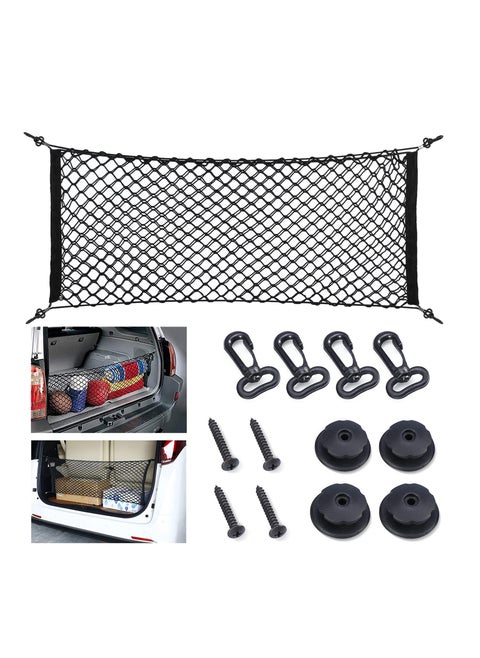 Universal Rear Cargo Net, Stretchable Elastic Nylon Storage Net， Adjustable Elastic Nylon Rear Trunk Cargo Storage Organizer, 35.5" x 15.7" with Hooks and Screws Fit for Car, Jeep, Suv, Truck