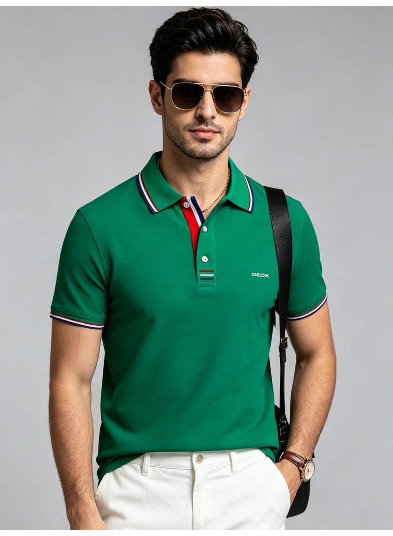 GEOX Unisex Short Sleeve Collar Polo Shirt, Contrast Striped Cuff & Collar, Casual Daily Wear, Green - Image 1