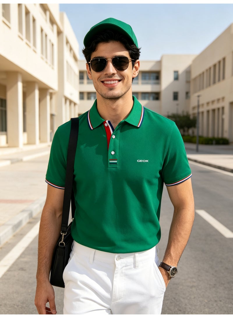 GEOX Unisex Short Sleeve Collar Polo Shirt, Contrast Striped Cuff & Collar, Casual Daily Wear, Green - Image 4