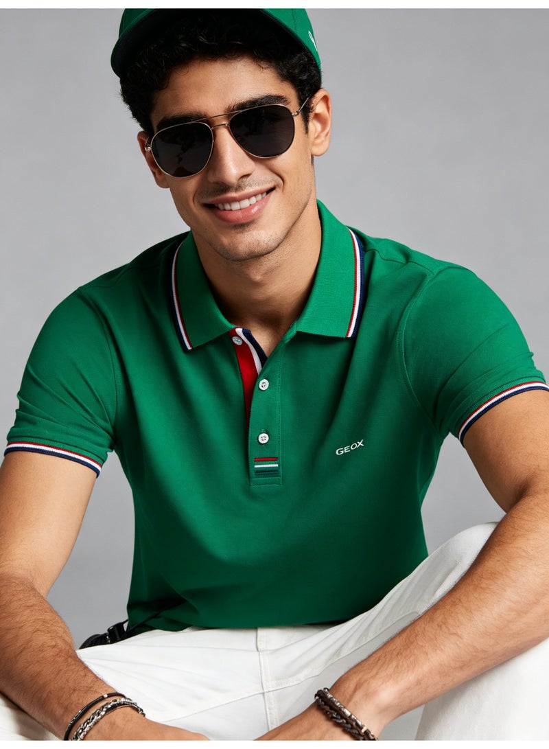 GEOX Unisex Short Sleeve Collar Polo Shirt, Contrast Striped Cuff & Collar, Casual Daily Wear, Green - Image 2