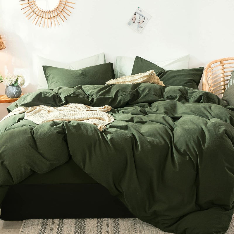 MooMee Bedding Duvet Cover Set 100% Washed Cotton Linen Like Textured Breathable Durable Soft Comfy (Olive Green  Alaska King) - Image 1