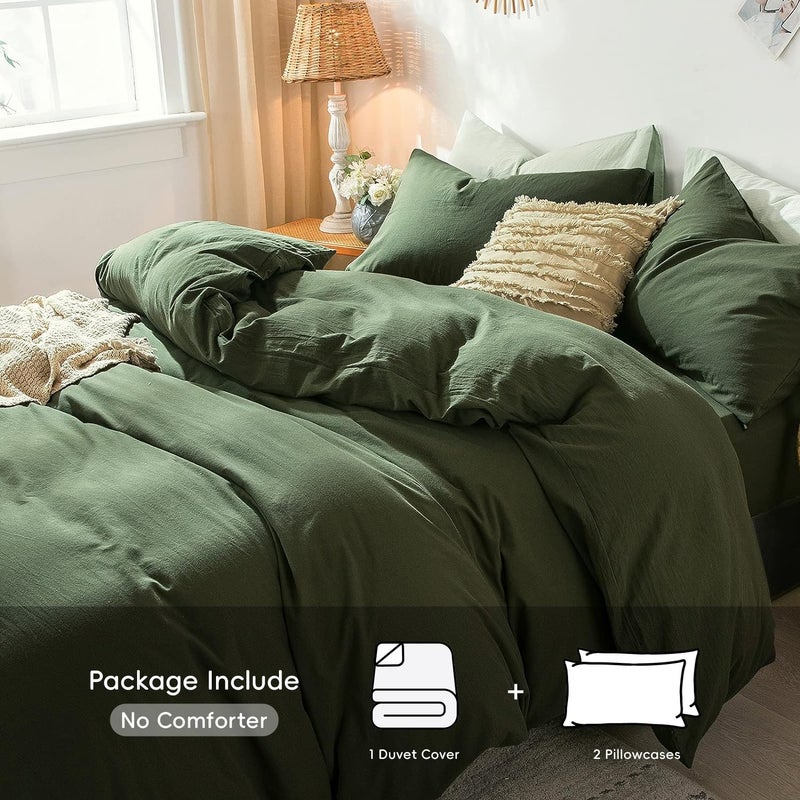 MooMee Bedding Duvet Cover Set 100% Washed Cotton Linen Like Textured Breathable Durable Soft Comfy (Olive Green  Alaska King) - Image 2