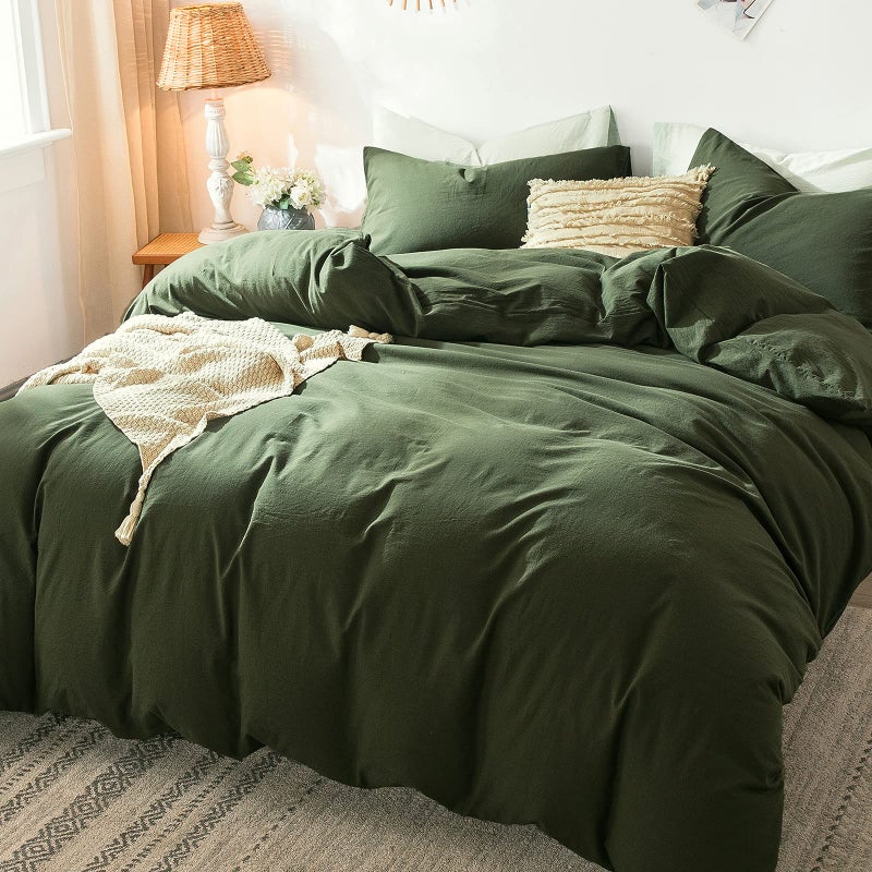 MooMee Bedding Duvet Cover Set 100% Washed Cotton Linen Like Textured Breathable Durable Soft Comfy (Olive Green  Alaska King) - Image 4