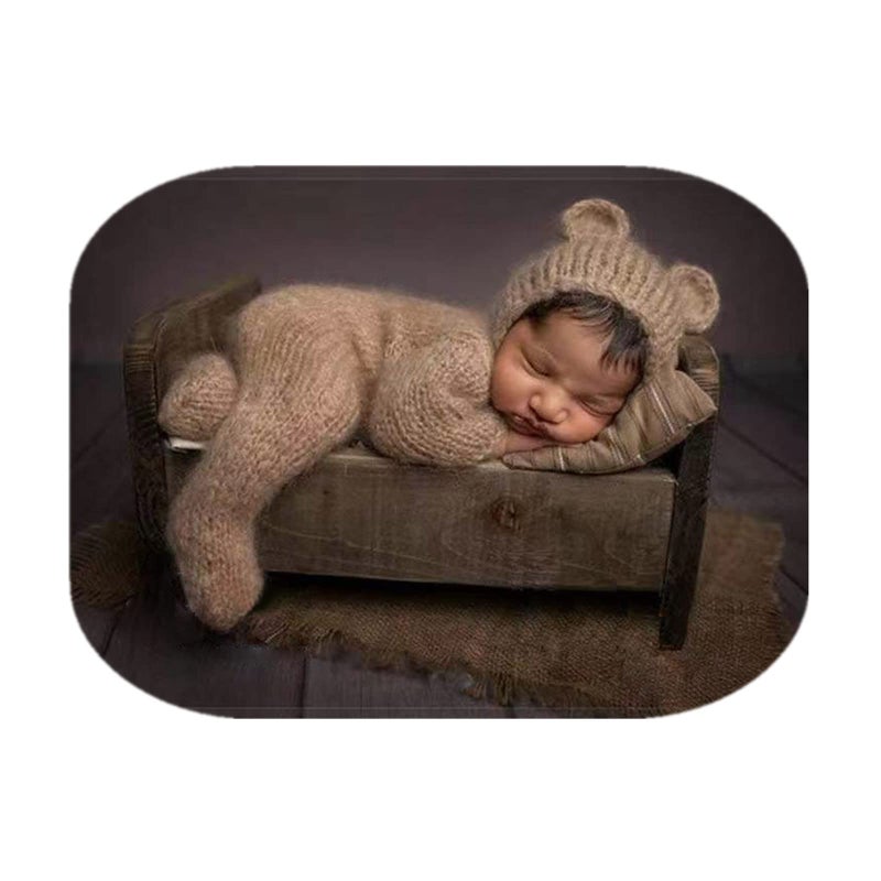 Vemonllas Newborn Photography Props Boys Girls Outfits Mohair Bear Hat Bonnet Footed Romper Bodysuit Photoshoot Costume Set Camel