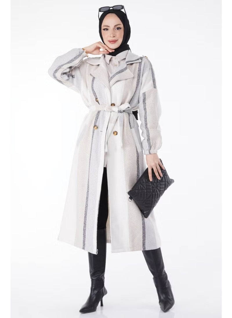 Tofisa Plain Jacket Collar Women's Beige Belted Cashmere Coat - 13135 - Image 2